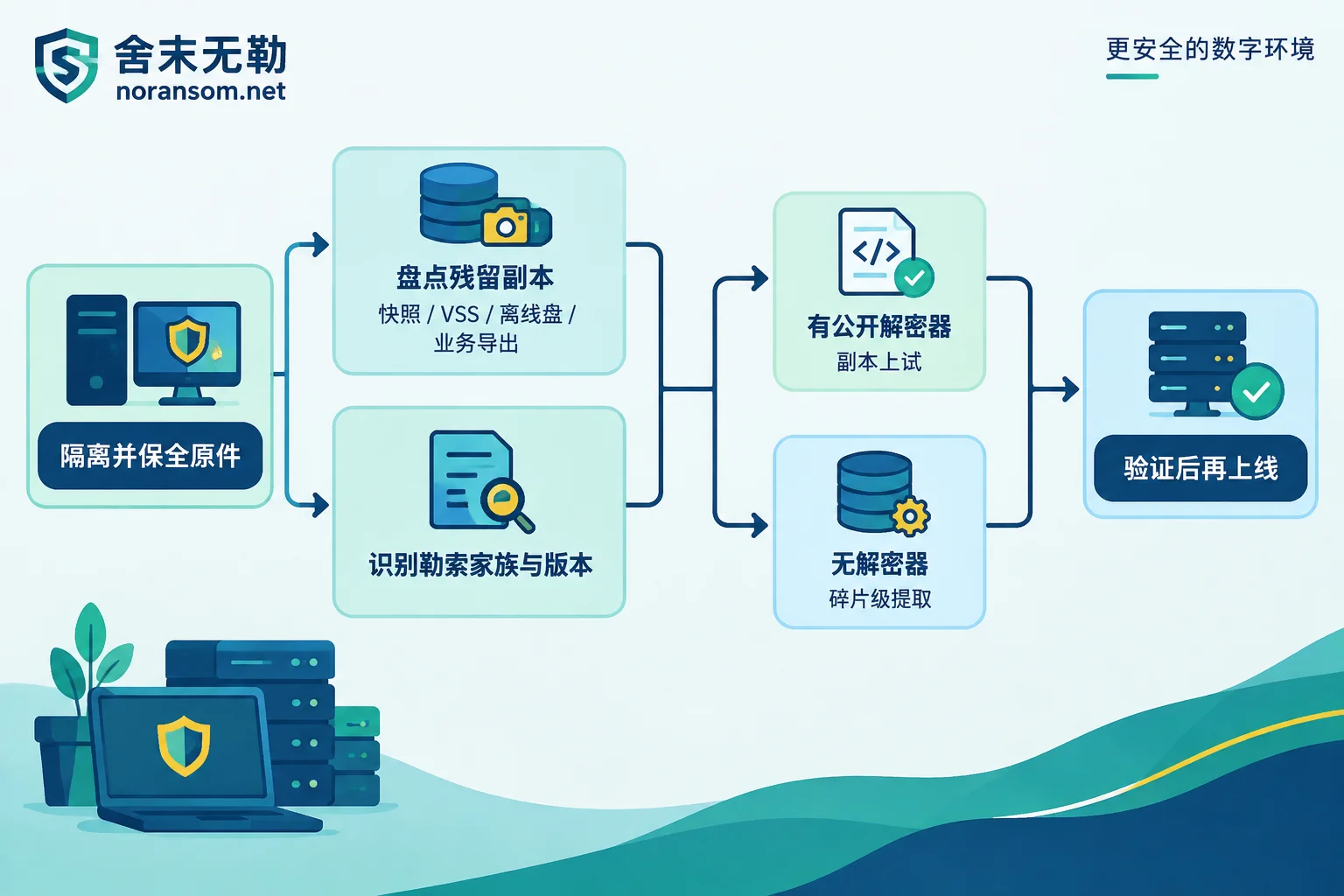 没有备份时的勒索恢复路径判断流程:隔离保全、盘点副本、识别家族、分路径恢复、验证上线 没有备份时的勒索恢复路径判断流程:隔离保全、盘点副本、识别家族、分路径恢复、验证上线