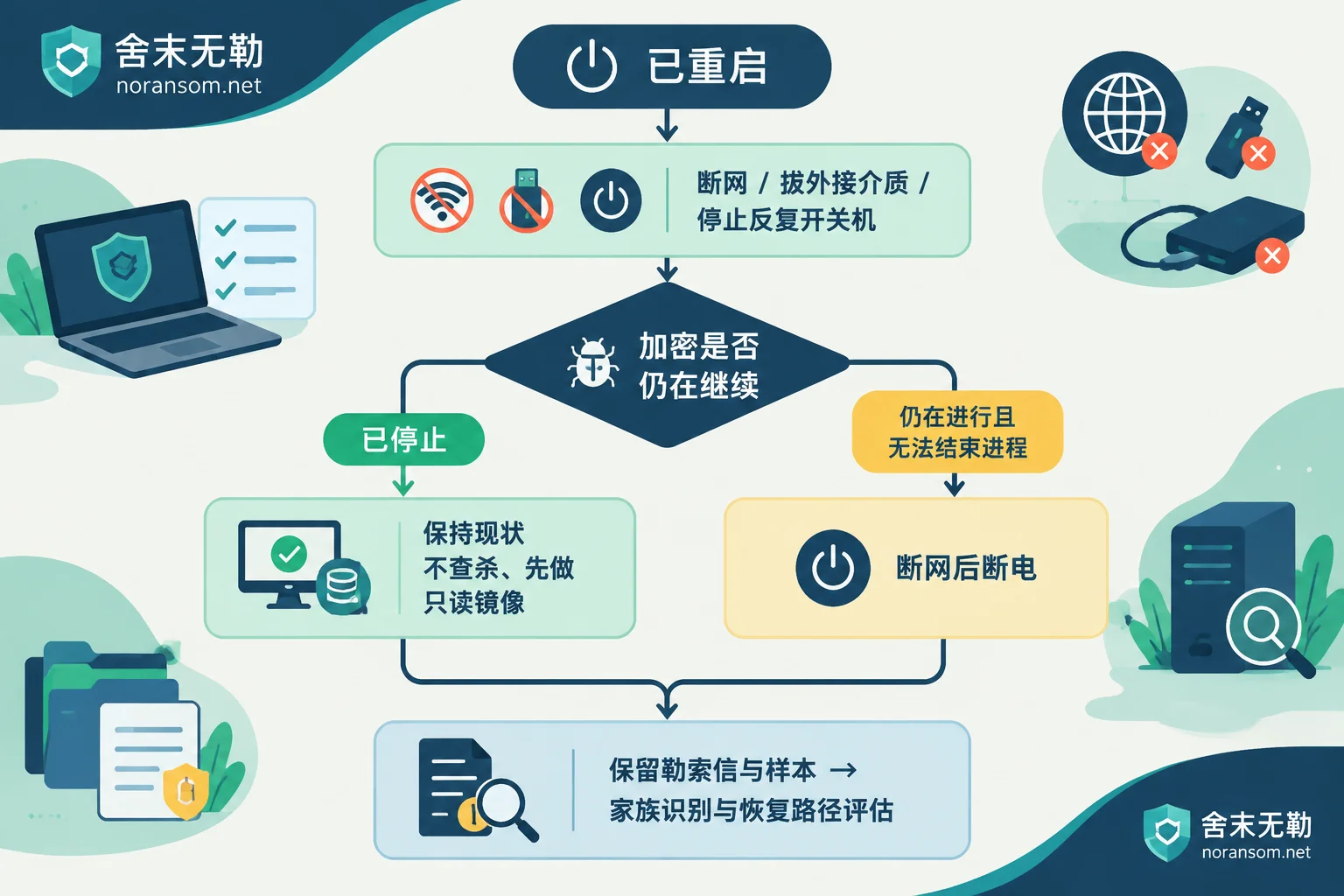 勒索病毒重启后的处置顺序与加密是否继续的判断分支图 勒索病毒重启后的处置顺序与加密是否继续的判断分支图