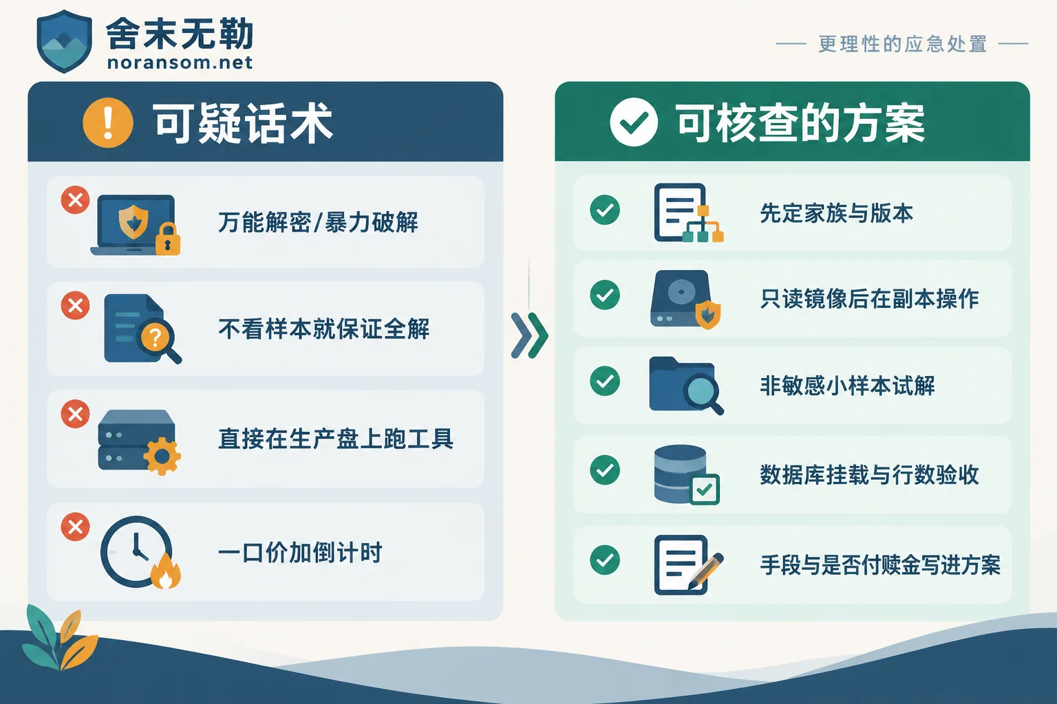 勒索病毒恢复方案中可疑话术与可核查做法的对照图